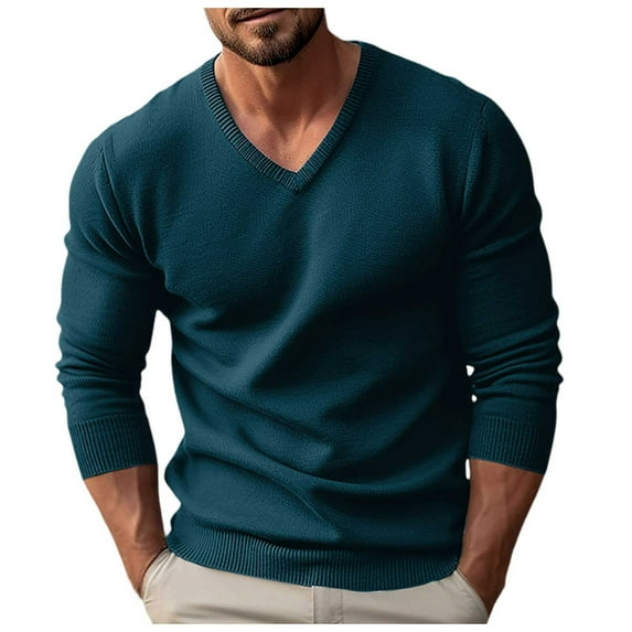 Afdoent Men's V Neck Long Sleeve Sweater Autumn Winter Male Knit Slim Long Sleeve Sweater Soft Pullover Top