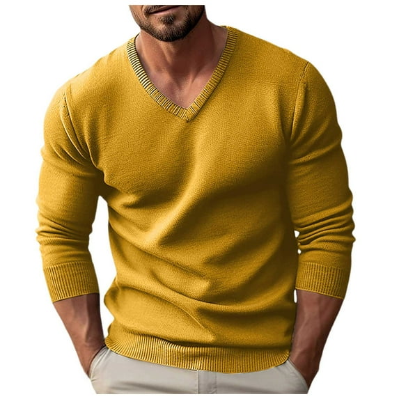 Afdoent Men's V Neck Long Sleeve Sweater Autumn Winter Male Knit Slim Long Sleeve Sweater Soft Pullover Top