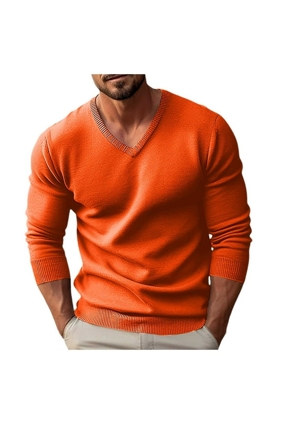 Men's V Neck Long Sleeve Sweater Autumn Winter Male Knit Slim Long Sleeve Sweater Soft Pullover Top