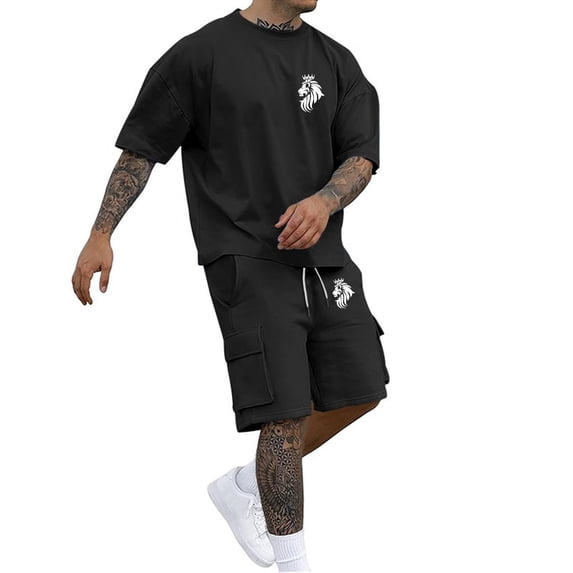 Afdoent Mens 2 Piece Sets Men's Casual Utility Suit Set With Multiple Pockets Short Sleeved T Shirt And Shorts Set Comfortable Stretch Fabric For Relaxed Summer Beach Vacation Outfits