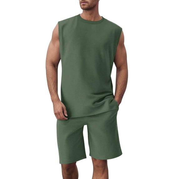 Afdoent Mens 2 Piece Sets Summer Knit Sleeveless Vest And Shorts Sports Casual Thin Top Solid Color Vest Two Piece Set Beach Clothes Comfortable