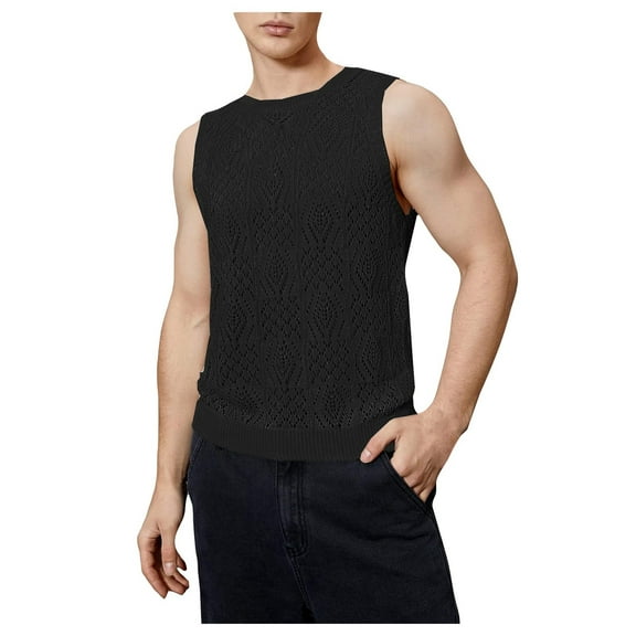 Afdoent Mens Casual Tank Tops Men's Knitted Hollowed Out Vest Crew Neck Sleeveless Classic