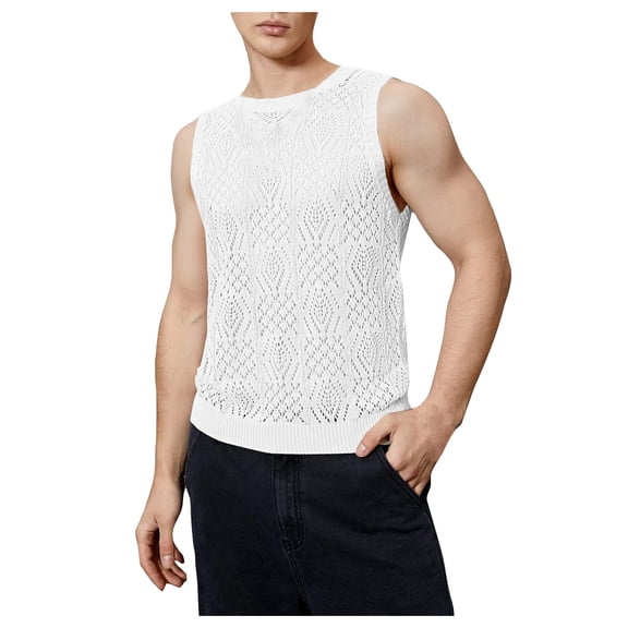 Afdoent Mens Casual Tank Tops Men's Knitted Hollowed Out Vest Crew Neck Sleeveless Streetwear