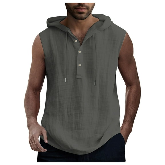Afdoent Mens Casual Tank Tops Mens Solid Color Casual Fashion Drawstring Button Hooded Vest Top Classic