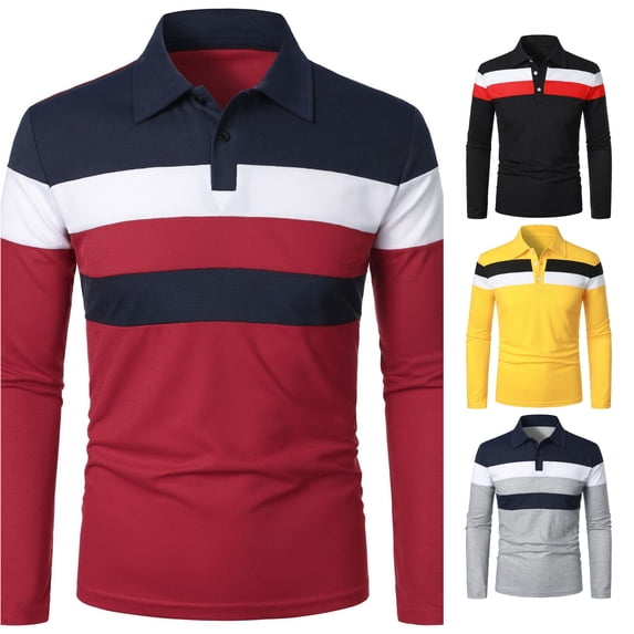 Afdoent Mens Long Sleeve Polo Shirts Casual Patchwork Lapel Button Shirt Comfortable Casual Top For Vacation Soft