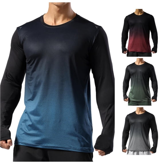 Afdoent Mens Long Sleeve T-Shirt Men Gradient Crew Neck T Shirts Casual Breathable Loose Sports T Shirt Work Travel