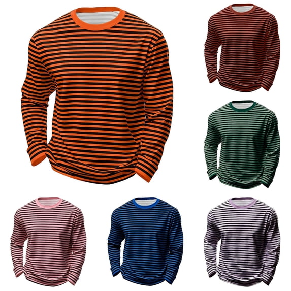 Afdoent Mens Long Sleeve T-Shirt Striped Crew Neck T Shirt Casual Comfortable Daily Fashion Tee Tops For Daily Wear
