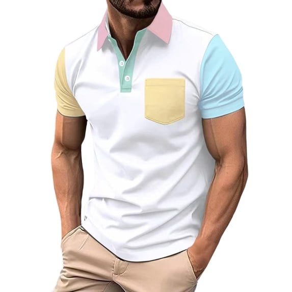 Afdoent Mens Polo Shirts Color Block Muscle Fit Lapel Short Sleeve Shirt Stretch Athletic Slim Fit Short Sleeve Beach Vacation Shirts For Men