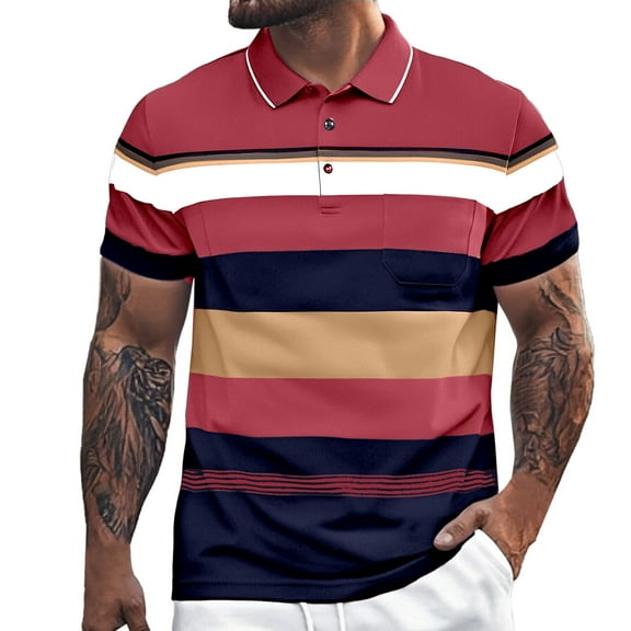 Afdoent Mens Polo Shirts Color Block Striped Lapel Button Open Neck Pocket Top For Male Loose Comfortable Trendy Business Short Sleeve Shirt Casual Outdoor