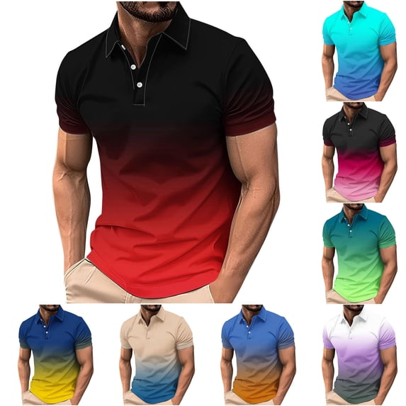 Afdoent Mens Polo Shirts Lapel Short Sleeve Shirt Gradient Print Dressy Casual Business Work Shirt Summer Tops Beach Vacation Shirts For Men