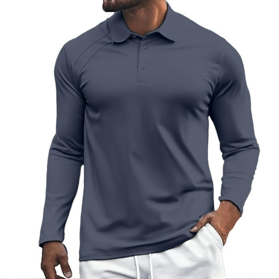Afdoent Mens Polo Shirts Solid Color Lapel Button Open Neck Line Male Leisure Loose Comfortable Business Sports Long Sleeve Shirt Comfortable