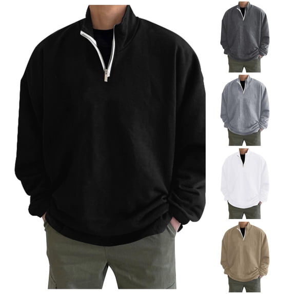 Afdoent Mens Quarter Zip Pullover Long Sleeve Oversize Zipper Sweatshirts Fashion Casual Solid Color Stand Collar Pullover Top Loose For Fall Winter Daily Wear