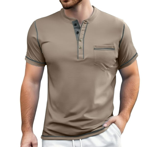 Afdoent Mens T-Shirt Solid Color Button Open Neck Pocket Male Casual Loose Trend Business Short Sleeve T Shirt Streetwear