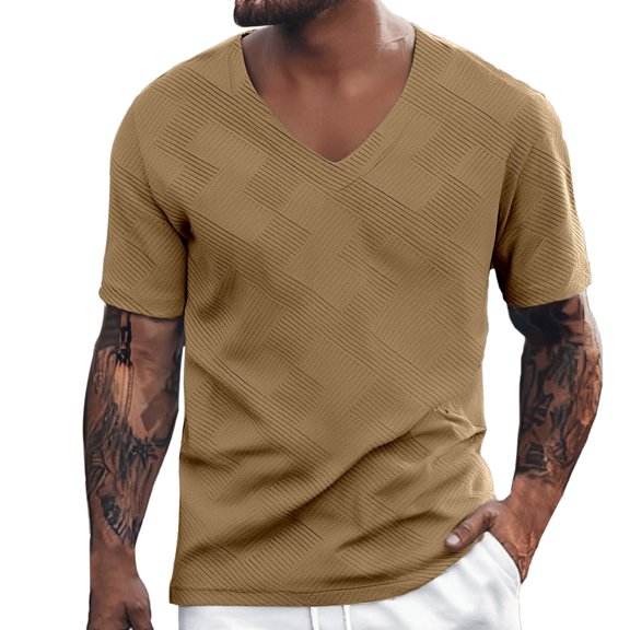 Afdoent Mens T-Shirt Solid Color Jacquard Men Trendy Casual Versatile Business Sports Comfortable V Neck Short Sleeve T Shirt Soft Comfort Tee Shirts
