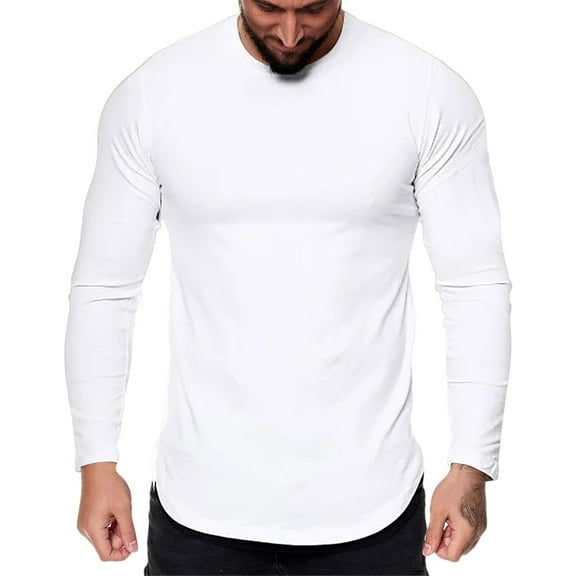 Afdoent Mens T Shirts Male Fashion Casual Sports Fitness Outdoor Curved Solid Color Crew Neck T Shirt Long Sleeve Top Classic Tee