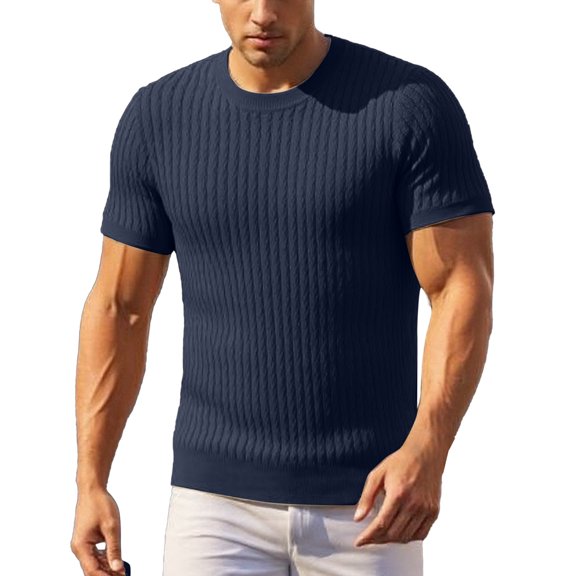 Afdoent Mens T Shirts Male Summer Solid Color Crew Neck Short Sleeve Textured Knit Half Sleeve T Shirt Streetwear