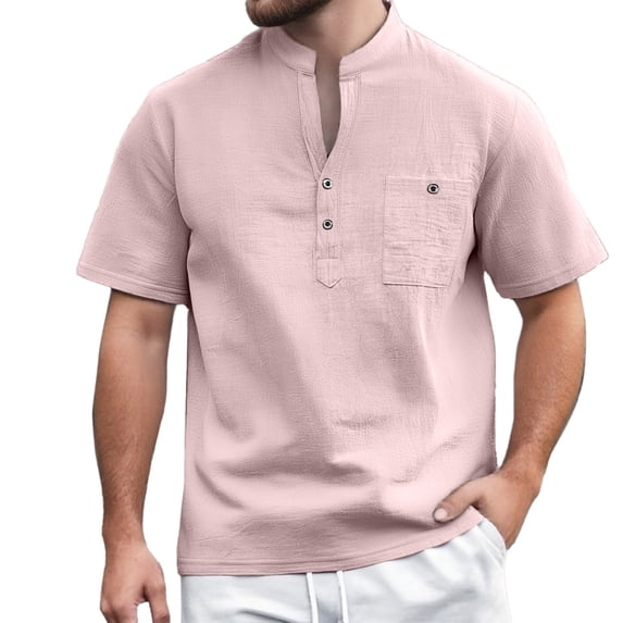 Afdoent Mens T Shirts Solid Color Button Open Neck Pocket Male Casual Loose Comfortable Trendy Stand Up Collar Business Short Sleeve T Shirt Classic Tee