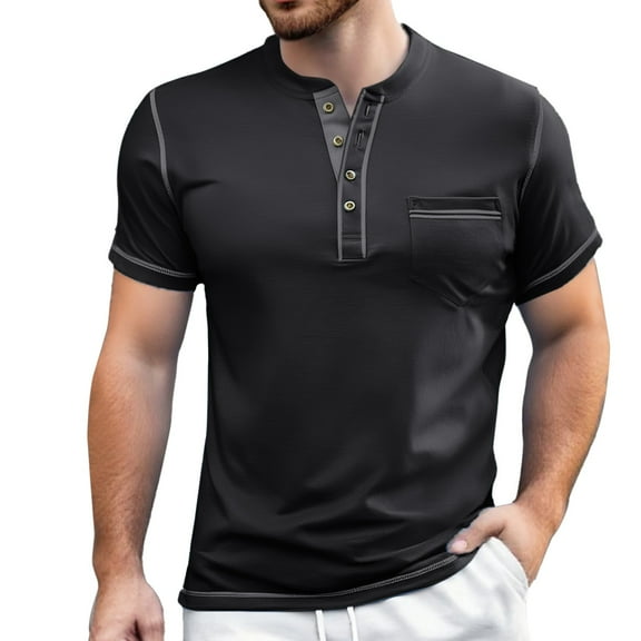 Afdoent Mens T Shirts Solid Color Button Open Neck Pocket Male Casual Loose Trend Business Short Sleeve T Shirt Streetwear