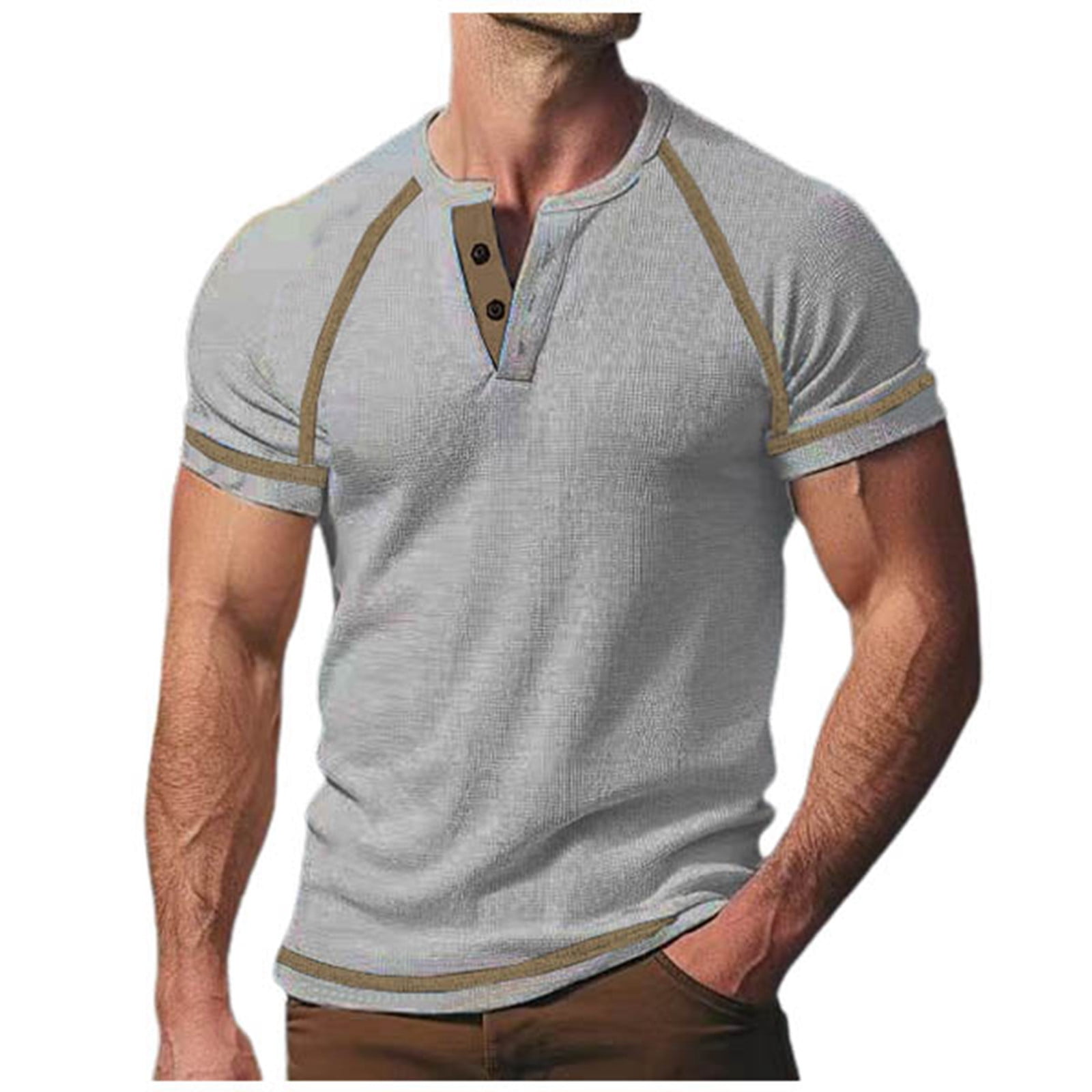 Afdoent Mens T Shirts V Neck Buckle Summer Color Block Casual Sports ...