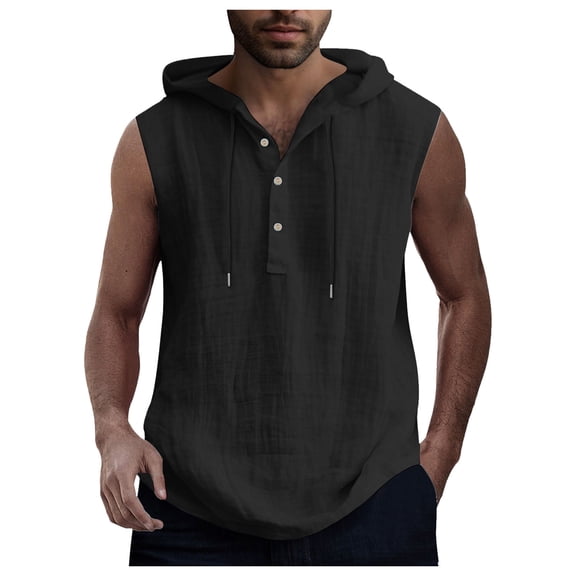 Afdoent Mens Tank Tops Male Solid Color Casual Fashion Drawstring Button Hooded Vest Top Breathable