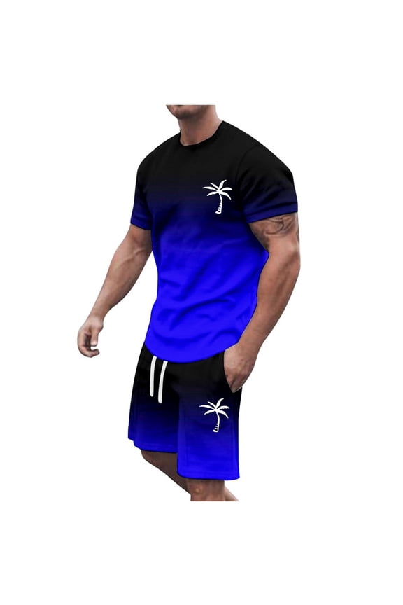 Mens Two Piece Outfits Men's 2026 Summer Plus Size Short Sleeve Crew Neck Athletic Suit Casual Color Block Gradient Printed Drawstring Waist Tracksuit Set Summer Beach Vacation Outfits