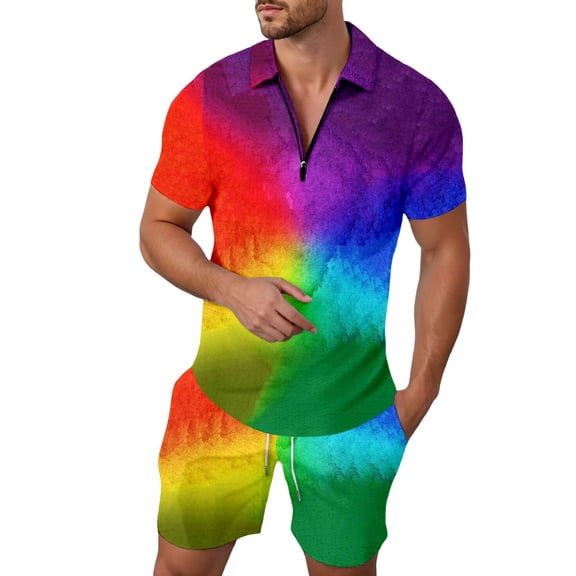 Afdoent Mens Two Piece Outfits Men's 3D Gradient Printed Suit Short Sleeve Shirt And Shorts Two Piece Set Summer Vacation Outfits For Men