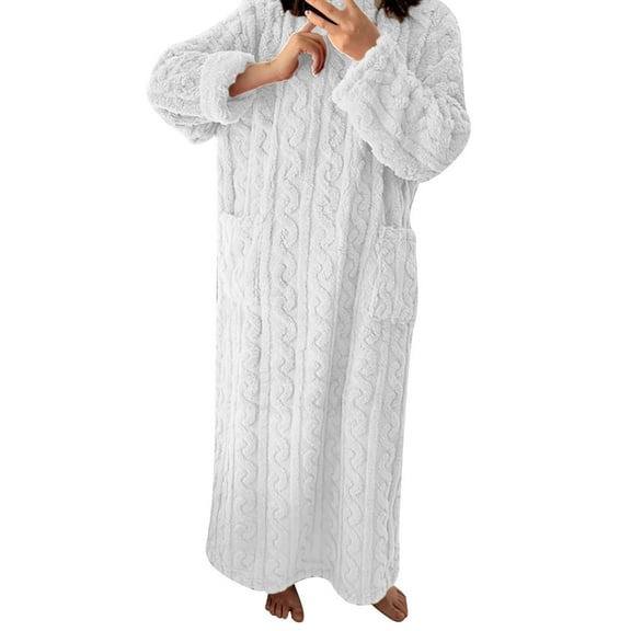 Afdoent Nightgowns For Women Solid Color Round Neck Pocket Thread Long Over Knee Winter Nightdress Comfortable