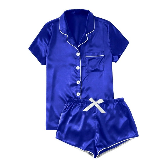 Afdoent Pajama Sets For Women Casual Solid Color Silk Satin Pajama Set Short Sleeve Button Up Top & Shorts Sleepwear Loungewear