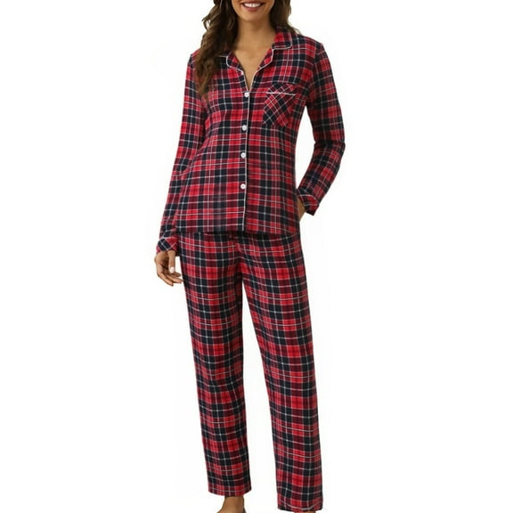 Afdoent Pajama Sets For Women Cozy Pajama Long Sleeve Cardigan Plaid Sleepwear For Fall And Winter Home Loungewear