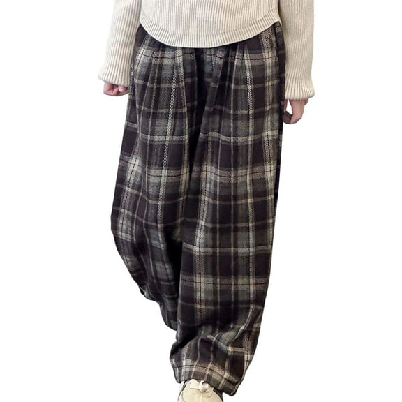 Afdoent Pants For Girls Plaid Pants Autumn Loose Fit Wide Leg Casual Trousers For Big Kids Comfortable Soft Fabric Stylish Fall Fashion 13-14 Years