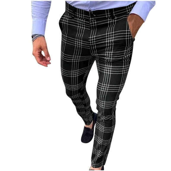 Afdoent Pants For Men Male Casual Plaid Print Pencil Pants Zipper Elastic Waist Pants Trousers Loose Fit