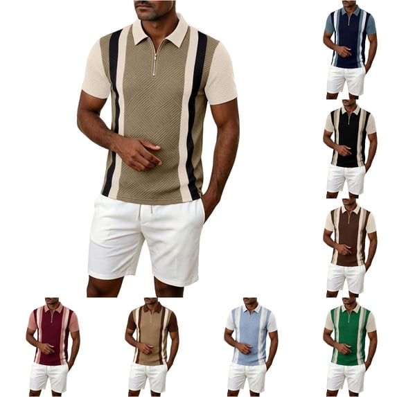 Afdoent Polo Shirts For Men Color Block Zip Short Sleeve Polo Shirt Casual Knit Breathable Activewear Tennis Sportswear Leisure