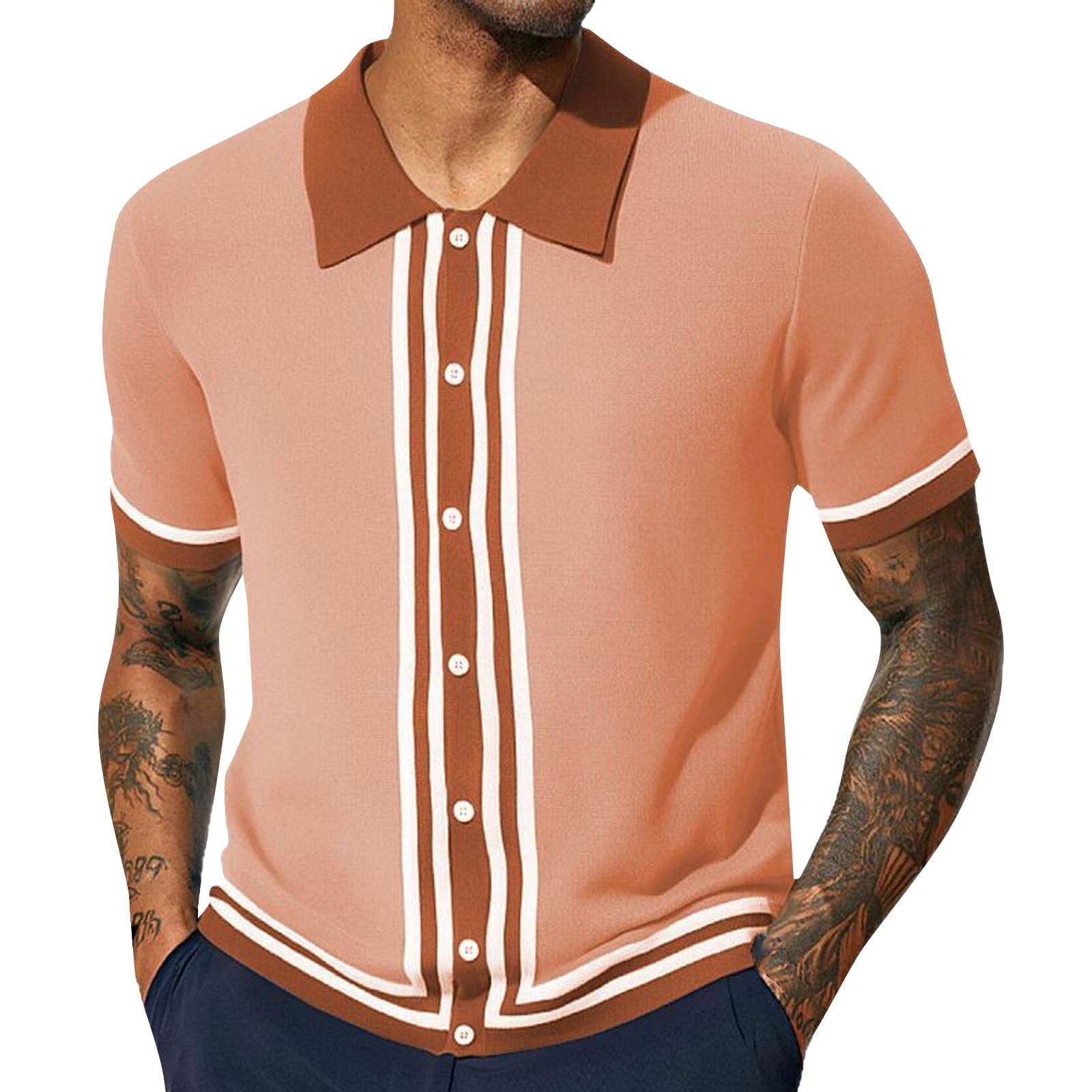Men Striped Shirts Causal Short Sleeve Lapel Blouse