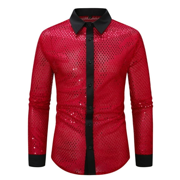 Afdoent Shirt For Men Male Hollowed Out Long Sleeve Shirt Square Scale Design Performance Shirt For Stage Wear Stylish See Through Dress Shirt Casual Vacation Top