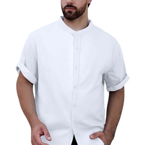 Afdoent Shirt For Men Male Summer Thin Linen Short Sleeve Shirt Male Casual Solid Color Linen Stand Collar Shirt Male Breathable Linen Top Classic Fit