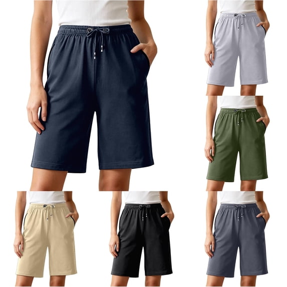 Afdoent Shorts For Women Knee Length Summer Beach Shorts With Pocket Drawstring Elastic Waist Plus Size Fashion Loose Fit Casual Comfy