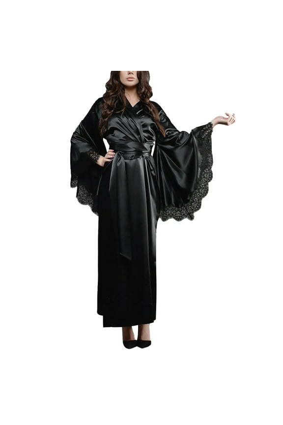 Soft Womens Robe Satin Kimono Robe Long Bridesmaid Wedding Bath Robe With Lace Trim Comfortable