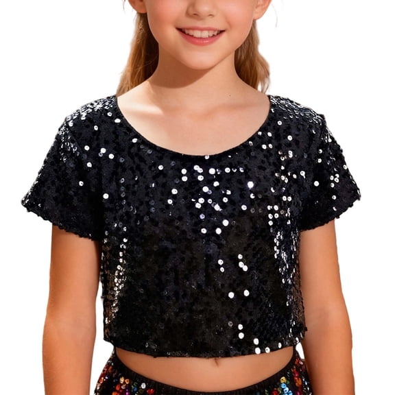 Afdoent Sparkly Cheerleading Short Sleeve T Shirt For Girls And Boys Glitter Performance Top For Festive Party Stage Show Outfit One Size