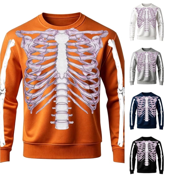 Afdoent Sweatshirts for Men Halloween Skeleton Print Sweatshirt Long Sleeve Crewneck Pullover for Holiday Party