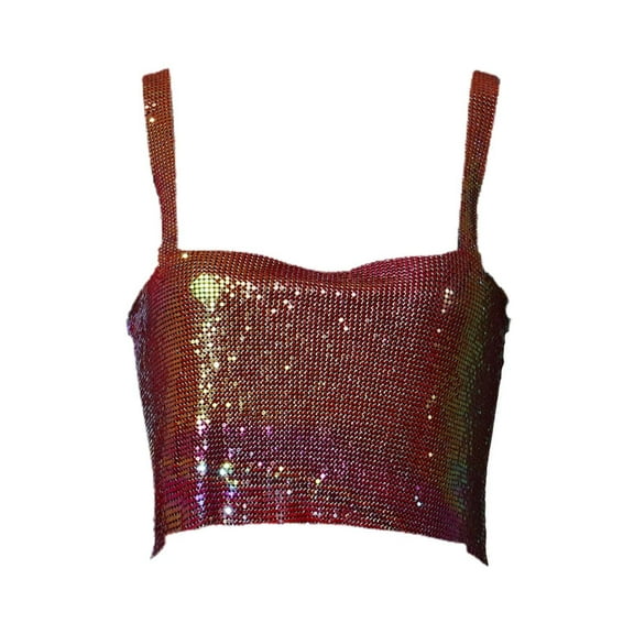 Afdoent Tank Tops For Women Festival Shiny Metallic Deep V Neck Sexy Ladies Outwear Metal Top Trendy Clothes