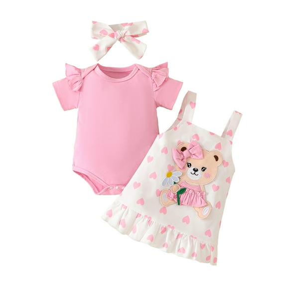 Afdoent Toddler Baby Girl Clothes Girls Short Sleeve Romper Bodysuit Cartoon Bear Suspender Skirts Outfits Fashion Clothing Sets 9-12 Months