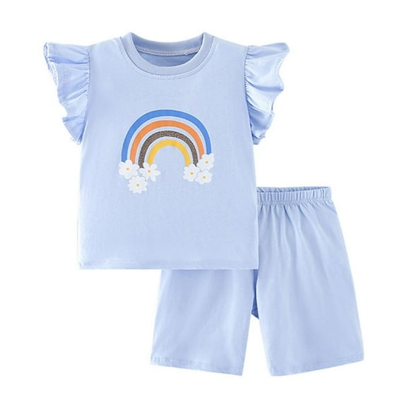 Afdoent Toddler Baby Girl Clothes Kids Girls Summer Rainbow Cartoon Print Fly Sleeve T Shirt Tops And Solid Color Shorts 2Pcs Outfits Clothes Set Children's Fashion Clothing Sets 4-5 Years