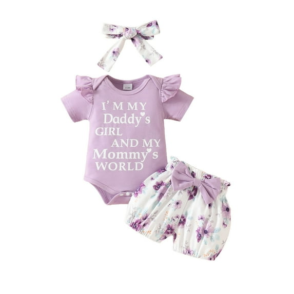 Afdoent Toddler Baby Girl Clothes Baby Girls Summer Outfits Short Sleeve Daddy Mama Saying Romper Floral Shorts Headband Fashion 9-12 months