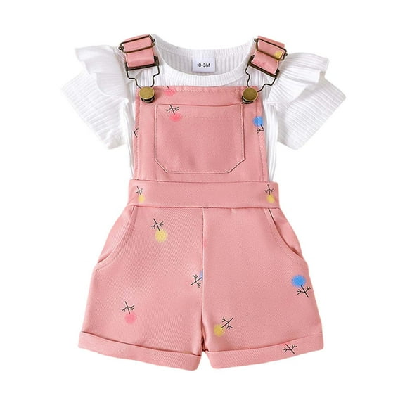 Afdoent Toddler Baby Girl Clothes Summer Outfits Set Ribbed Short Sleeve Romper With Adjustable Straps Shorts For Old Toddler Outdoor Play Fashion 9-12 Months