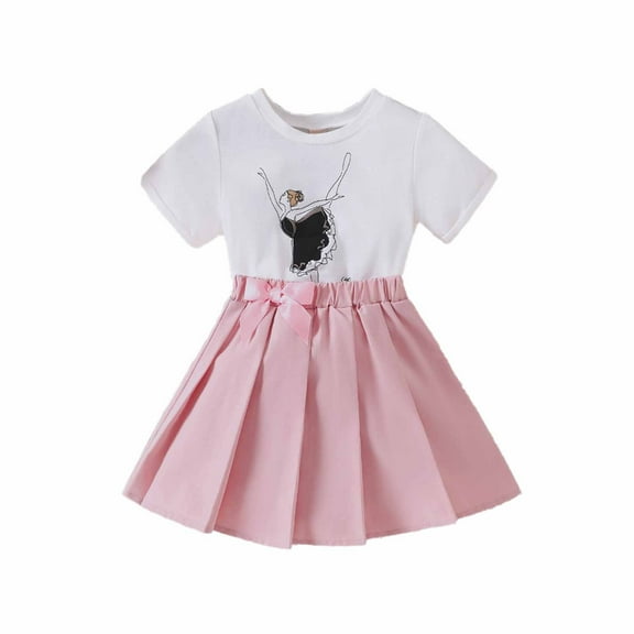 Afdoent Toddler Baby Girl Clothes Toddler & Little Girls Printed T Shirt & Pleated Skirt Set Spring Summer Casual Outfit Classic 3-4 Years