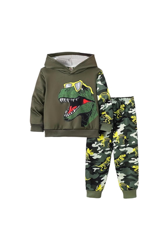 Toddler Boy Clothes Boys Dinosaur Print Hooded Tracksuit Winter Pullover With Pants Outfit For Toddler And Youth 5-6 Years