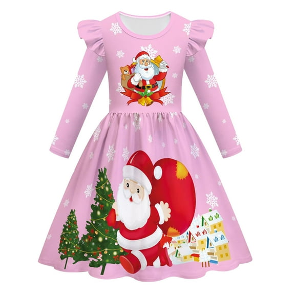 Afdoent Toddler Girls Dress Child Xmas Party Dance Kids Christmas Long Sleeve Dress 1-2 Years