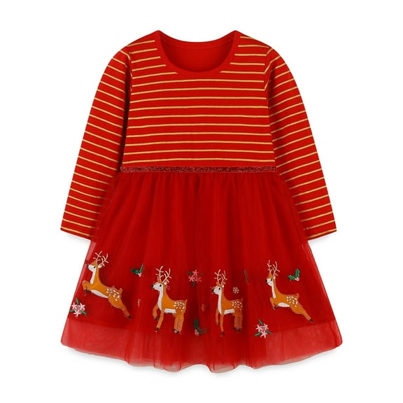 Afdoent Toddler Girls Dress Christmas Winter Girls Dress With Reindeer Pattern Round Neck Cute Tutu Party Gown For Holiday Festive Season 4-5 Years