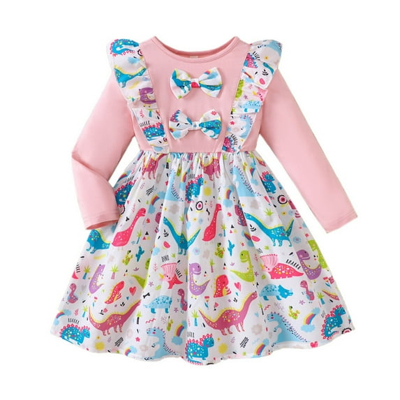 Afdoent Toddler Girls Dress Dinosaur Print Girls Dress With Bow Detail Cute Cartoon Dinosaur Pattern Long Sleeve Party Dress For Toddler And 2-3 Years