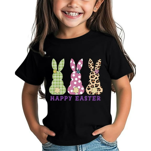 Afdoent Toddler Girls T-Shirt Girls Short Sleeve T Shirt Easter Bunny Letter Printing Crew Neck T Shirt Summer New Children's Clothing For 18-24 Months